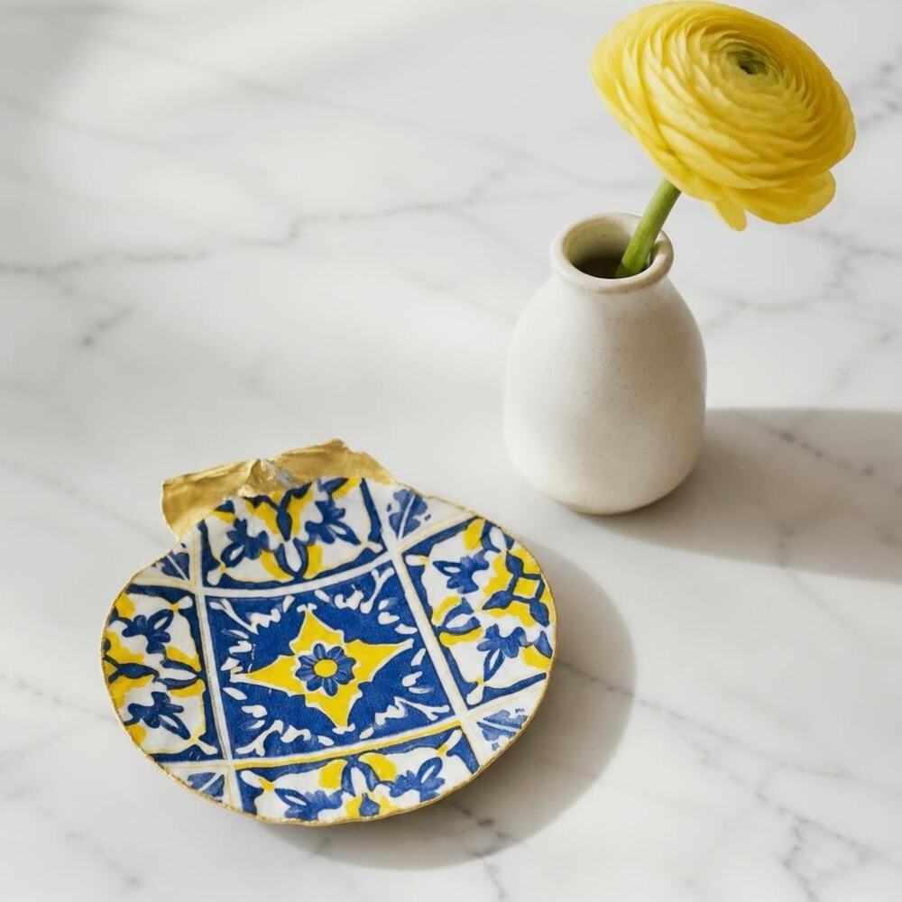Mediterranean Tile Shell Trinket Dish | Blue Yellow Ring Holder
